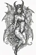 Succubus, seductive, large breasted, lingerie, bat wings, tattooed, full body, standing tattoo design idea