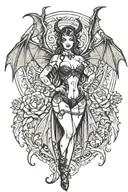 Succubus, seductive, large breasted, lingerie, bat wings, tattooed, full body, standing tattoo design idea