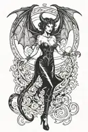 succubus, standing, heels, batwings, large breasted, laced clothing, attractive woman, large horns tattoo design idea