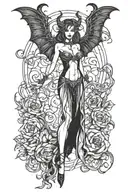 succubus, standing, heels, batwings, large breasted, laced clothing, attractive woman, large horns tattoo design idea