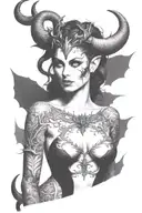 succubus, full body, silohuette, large horns on head, smiling, seductive, symetrical, thorns, large breasted, nude tattoo design idea