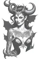 succubus, full body, silohuette, large horns on head, smiling, seductive, symetrical, thorns, large breasted, nude tattoo design idea