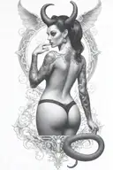 Succubus, seductive, large breasted, lingerie, tattooed, full body, standing, large horns, thorns tattoo design idea