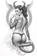 Succubus, seductive, large breasted, lingerie, tattooed, full body, standing, large horns, thorns tattoo design idea