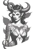 succubus, full body, silohuette, large horns on head, smiling, seductive, symetrical, thorns, large breasted, nude tattoo design idea