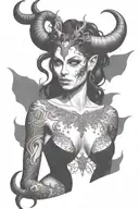 succubus, full body, silohuette, large horns on head, smiling, seductive, symetrical, thorns, large breasted, nude tattoo design idea