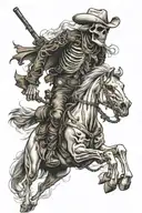 skeleton cowboy, smoking, skeleton horse, running tattoo design idea