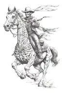 skeleton cowboy, skeleton horse, skeleton, lone rider, skull cowboy, running horse  tattoo design idea