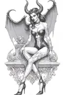 succubus, standing, heels, batwings, large breasted, laced clothing, attractive woman, large horns tattoo design idea