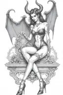 succubus, standing, heels, batwings, large breasted, laced clothing, attractive woman, large horns tattoo design idea