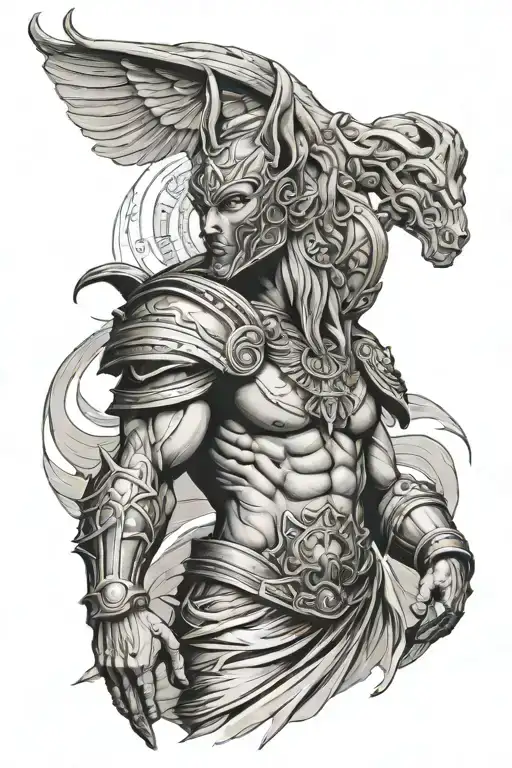 Greek mythology sleeve with Anubis, Zeus and a gladiator tattoo design idea