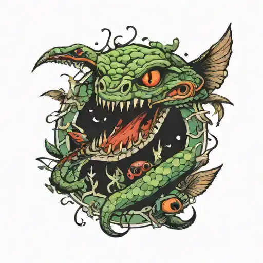 evil snake rad eyes eating earth and birds fly from earth out  tattoo design idea
