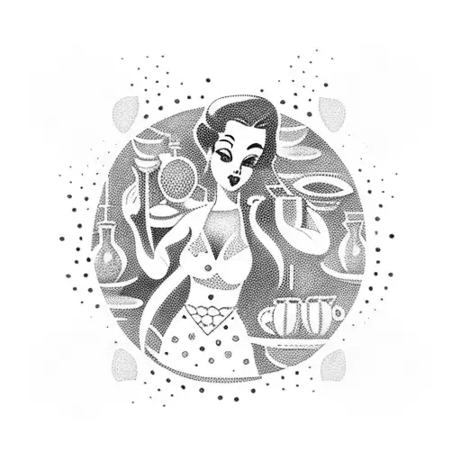 A dotwork design of a pin-up girl surrounded by pots, pans, and cooking ingredients, with a river flowing in the background, representing the client's love for cooking and their tranquility when near water. tattoo design idea