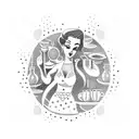 A dotwork design of a pin-up girl surrounded by pots, pans, and cooking ingredients, with a river flowing in the background, representing the client's love for cooking and their tranquility when near water. tattoo design idea