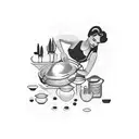 A dotwork design of a pin-up girl surrounded by pots, pans, and cooking ingredients, with a river flowing in the background, representing the client's love for cooking and their tranquility when near water. tattoo design idea