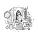 A dotwork design of a pin-up girl surrounded by pots, pans, and cooking ingredients, with a river flowing in the background, representing the client's love for cooking and their tranquility when near water. tattoo design idea