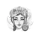 A dotwork design of a pin-up girl surrounded by pots, pans, and cooking ingredients, with a river flowing in the background, representing the client's love for cooking and their tranquility when near water. tattoo design idea