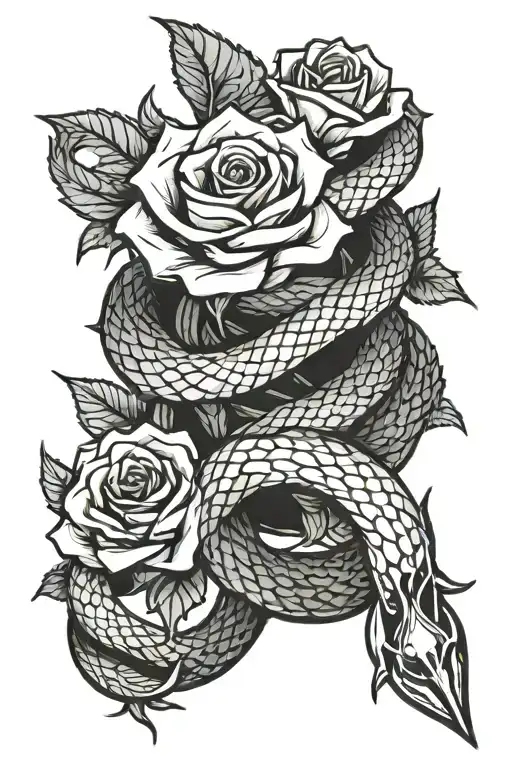 Snake rose intertwined with knife surrounded tattoo design idea
