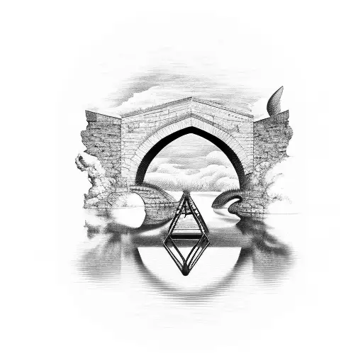 old stone bridge engulfed in flames   tattoo design idea
