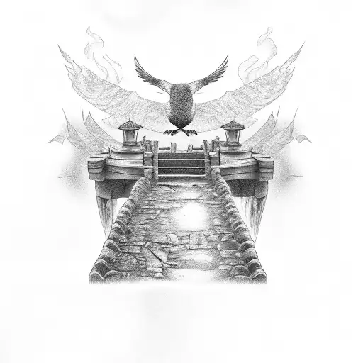 old stone burning bridge with big whiskeyjack bird flying in front tattoo design idea