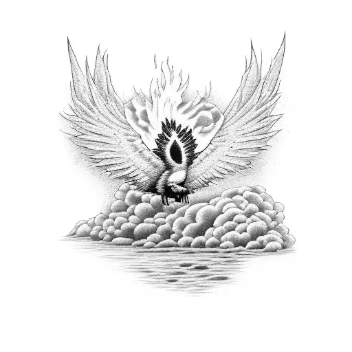 old stone bridge engulfed in flames  with big whiskeyjack bird flying in front tattoo design idea