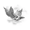 old stone burning bridge with big whiskeyjack bird flying in front tattoo design idea