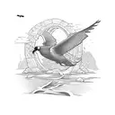 old stone burning bridge with big whiskeyjack bird flying in front tattoo design idea