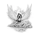 old stone bridge engulfed in flames  with big whiskeyjack bird flying in front tattoo design idea