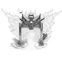 old stone bridge engulfed in flames  with big whiskeyjack bird flying in front tattoo design idea