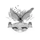 old stone bridge engulfed in flames  with big whiskeyjack bird flying in front tattoo design idea