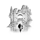 old stone bridge engulfed in flames  with big whiskeyjack bird flying in front tattoo design idea