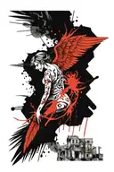 falling angel feathers falling and a eye and hands tattoo design idea