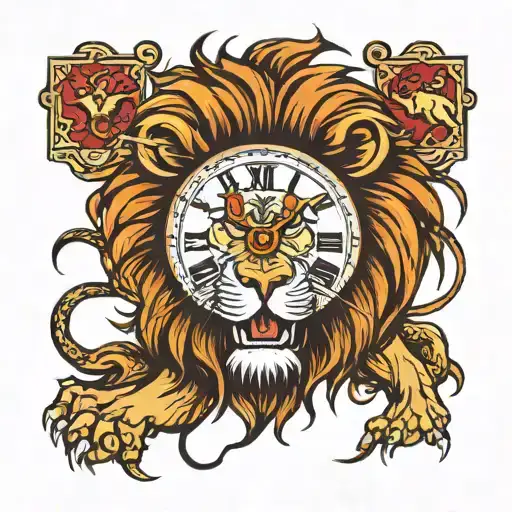 Dorky lion digital clock surrounded tattoo design idea