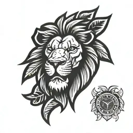 Cartoon style dorky lion with big digital clock behind surrounded by pineapple tattoo design idea