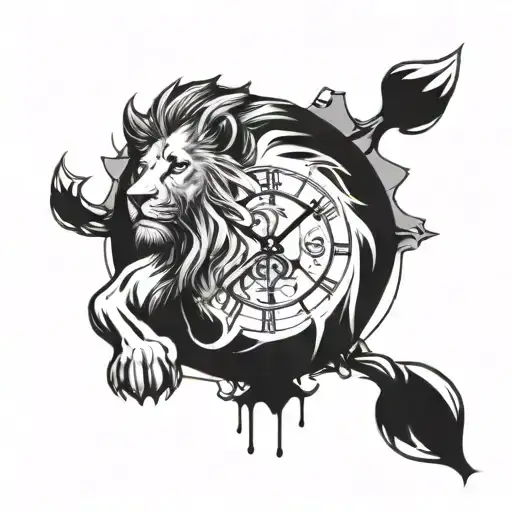 Clumsy lion with big digital clock behins tattoo design idea