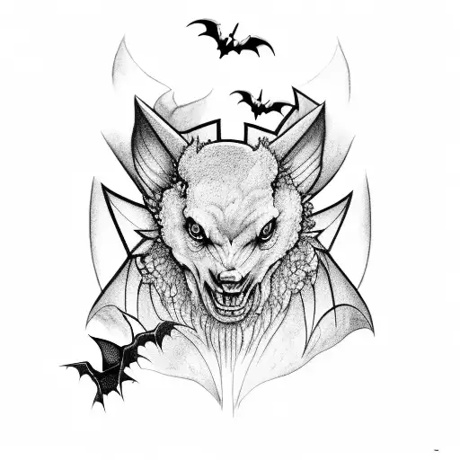 Black and white Bran Castle with a full monn behind and bats flying around  tattoo design idea