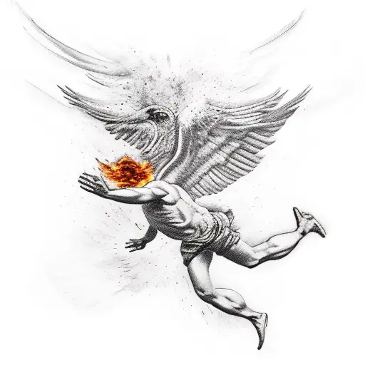 icarus falling on fire with feathers in the air tattoo design idea