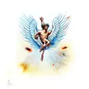 icarus falling on fire with feathers in the air tattoo design idea