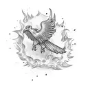 icarus falling on fire with feathers in the air tattoo design idea