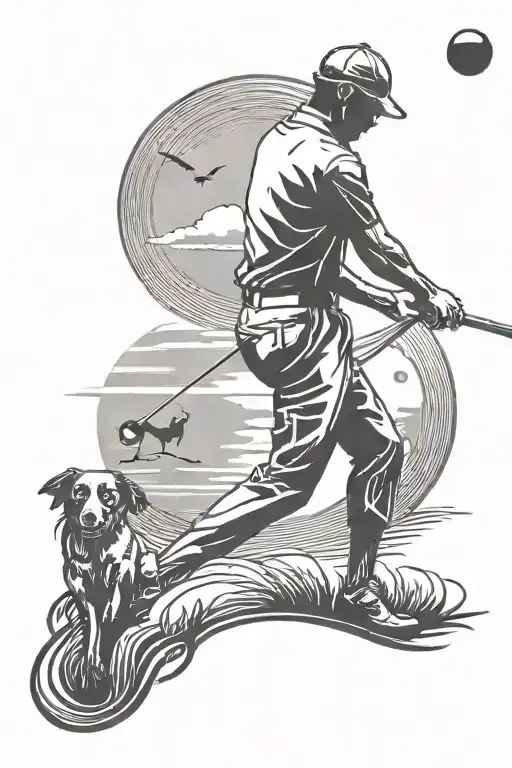 Silhouette of a golfer swinging a club with a dog by their side tattoo design idea