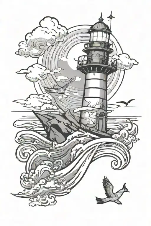 lighthouse, waves, rocks,sparrow,helm, anchor,clouds and light rays tattoo design idea