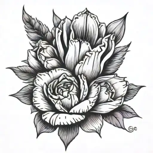 un ramo de flores de rosa, tulipán, diente de león y lavanda sujetados por un hilo tattoo design idea