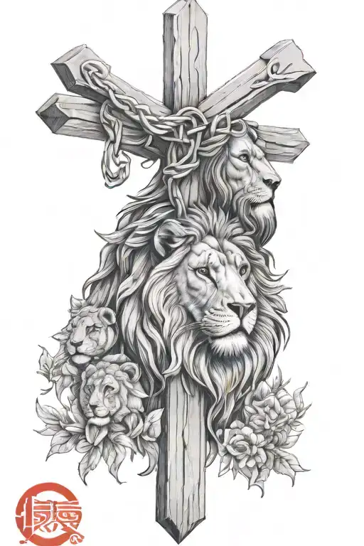 Jesus Cross, sentence Брат за брата, Lion, Family, much meaning  tattoo design idea
