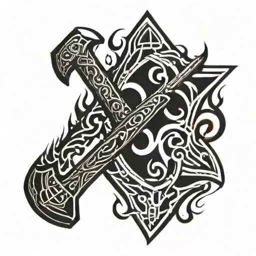 a shied on fire and a large hammer tattoo design idea