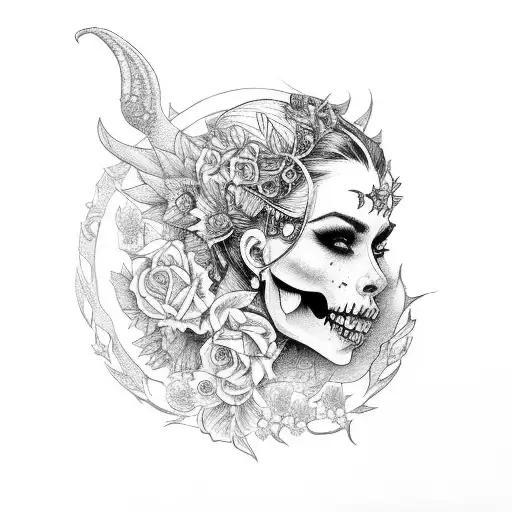 queen of the underworld with flowers in her hair sitting on her throne with skulls tattoo design idea