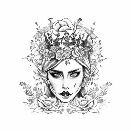 queen of the underworld with flowers in her hair sitting on her throne with skulls tattoo design idea