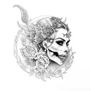 queen of the underworld with flowers in her hair sitting on her throne with skulls tattoo design idea