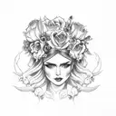queen of the underworld with flowers in her hair sitting on her throne with skulls tattoo design idea