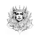 queen of the underworld with flowers in her hair sitting on her throne with skulls tattoo design idea