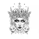 queen of the underworld with flowers in her hair sitting on her throne with skulls tattoo design idea